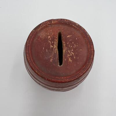 Antique 1870s Primitive Redware Pottery Barrel Coin Bank