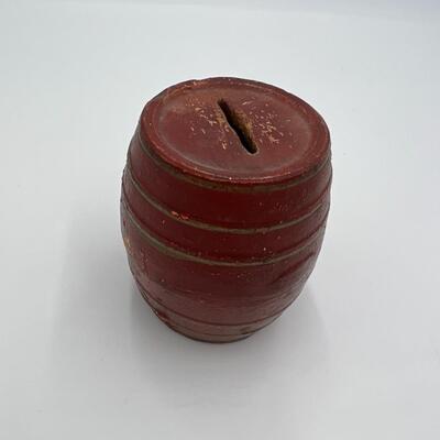 Antique 1870s Primitive Redware Pottery Barrel Coin Bank