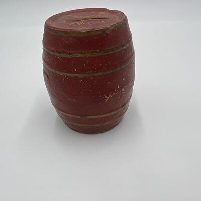 Antique 1870s Primitive Redware Pottery Barrel Coin Bank