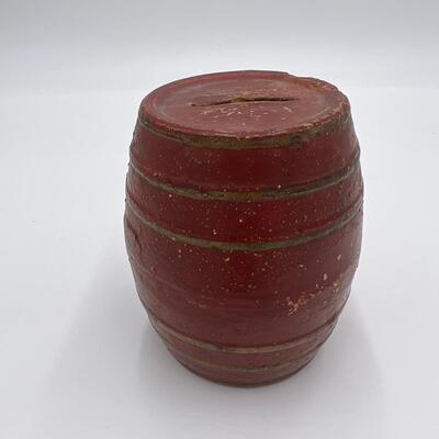 Antique 1870s Primitive Redware Pottery Barrel Coin Bank