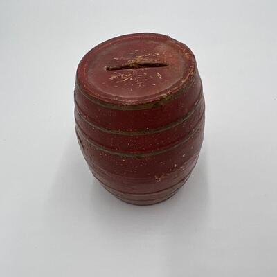 Antique 1870s Primitive Redware Pottery Barrel Coin Bank