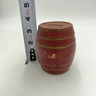 Antique 1870s Primitive Redware Pottery Barrel Coin Bank