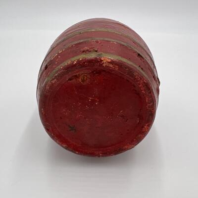 Antique 1870s Primitive Redware Pottery Barrel Coin Bank