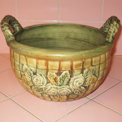 MS Antique Weller Pottery Rose Basket w/ Handles Flemish Line 8.5"