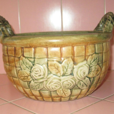 MS Antique Weller Pottery Rose Basket w/ Handles Flemish Line 8.5