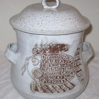 MS Albert Thiry Studio Art Pottery Covered Jar Fish 1950s Mid Century Modern France