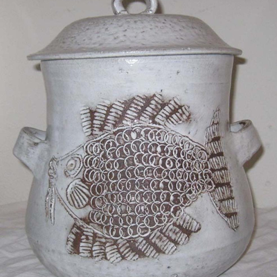 MS Albert Thiry Studio Art Pottery Covered Jar Fish 1950s Mid Century Modern France
