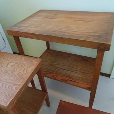 LOT 466.   TWO SIDE TABLES AND WOOD FOOT STOOL