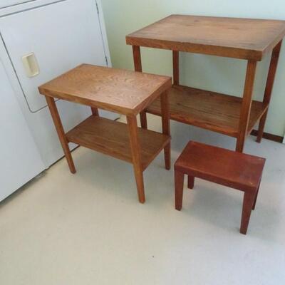 LOT 466.   TWO SIDE TABLES AND WOOD FOOT STOOL