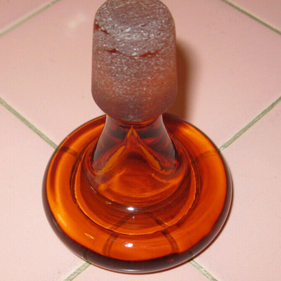 MS MCM Blenko Art Glass Crackle Decanter Bottle Stopper Amber 3 Sided Triangular