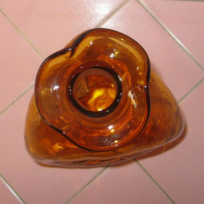 MS MCM Blenko Art Glass Crackle Decanter Bottle Stopper Amber 3 Sided Triangular