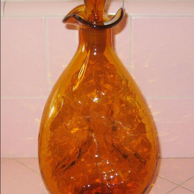 MS MCM Blenko Art Glass Crackle Decanter Bottle Stopper Amber 3 Sided Triangular