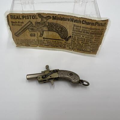 Antique Miniature Watch Charm Pistol Toy Gun Made in Austria with Original Paper Description