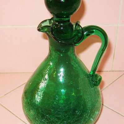 MS MCM Blenko Art Glass Crackle Pitcher Stopper Green Hand Blown Applied Handle