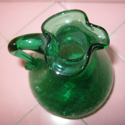 MS MCM Blenko Art Glass Crackle Pitcher Stopper Green Hand Blown Applied Handle