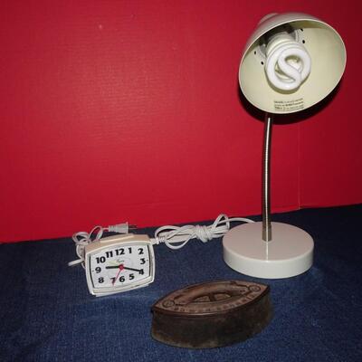 LOT 507. ALARM CLOCK, TABLE LAMP AND IRON