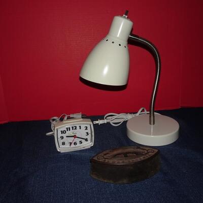 LOT 507. ALARM CLOCK, TABLE LAMP AND IRON
