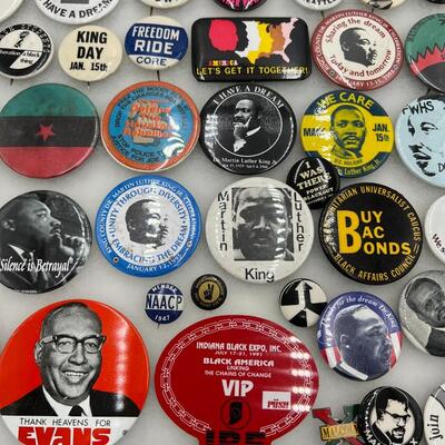 Large Lot of Vintage Buttons and Pins Related to MLK and African American and South African Rights and Events