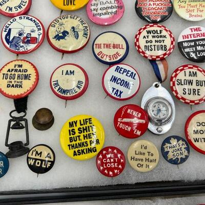 Large Lot of Vintage and Antique Buttons and Pins Related to Books, Comics, Cartoons, TV and Movies