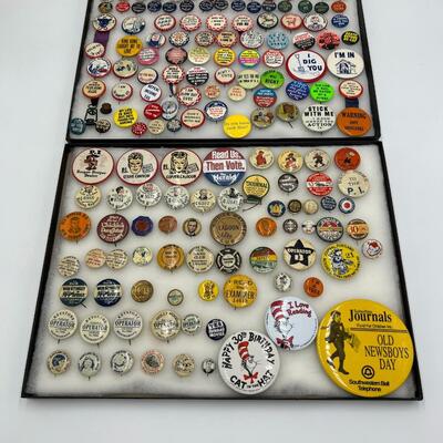 Large Lot of Vintage and Antique Buttons and Pins Related to Books, Comics, Cartoons, TV and Movies