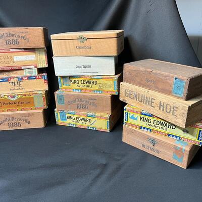 Large Lot of 15 Antique Wood Cigar Boxes