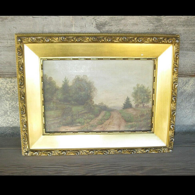 MS Framed Impressionist Painting B. W. Shute Landscape Ornate Gold Frame House Road