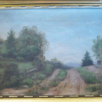 MS Framed Impressionist Painting B. W. Shute Landscape Ornate Gold Frame House Road