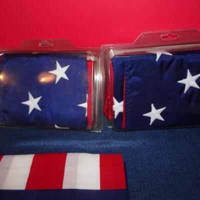 LOT 578. TWO VALLEY FORGE USA FLAGS. 4' X 6' STILL IN BOX PLUS OTHER USA FLAG