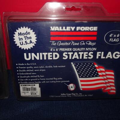 LOT 578. TWO VALLEY FORGE USA FLAGS. 4' X 6' STILL IN BOX PLUS OTHER USA FLAG