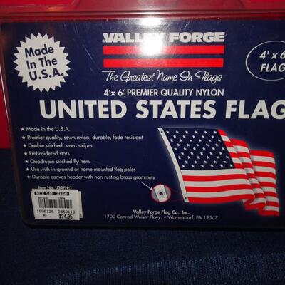 LOT 578. TWO VALLEY FORGE USA FLAGS. 4' X 6' STILL IN BOX PLUS OTHER USA FLAG