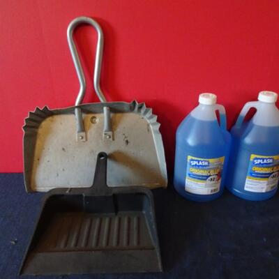 LOT 587. WINDOW WASH FLUID AND TWO DUST PANS