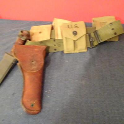 LOT 616. VINTAGE MILITARY  BELT, AMMO POUCH, HOLSTER AND COMBAT KNIFE