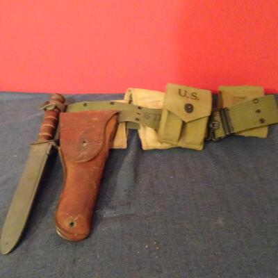 LOT 616. VINTAGE MILITARY  BELT, AMMO POUCH, HOLSTER AND COMBAT KNIFE
