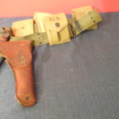 LOT 616. VINTAGE MILITARY  BELT, AMMO POUCH, HOLSTER AND COMBAT KNIFE