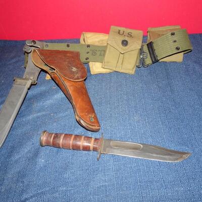 LOT 616. VINTAGE MILITARY  BELT, AMMO POUCH, HOLSTER AND COMBAT KNIFE