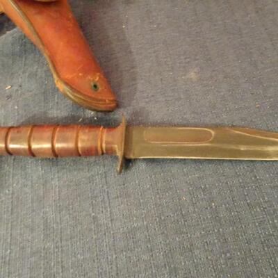 LOT 616. VINTAGE MILITARY  BELT, AMMO POUCH, HOLSTER AND COMBAT KNIFE