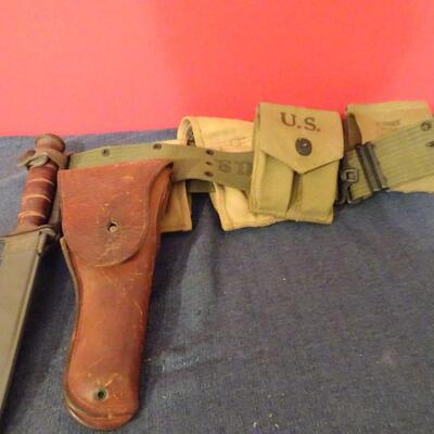 LOT 616. VINTAGE MILITARY  BELT, AMMO POUCH, HOLSTER AND COMBAT KNIFE
