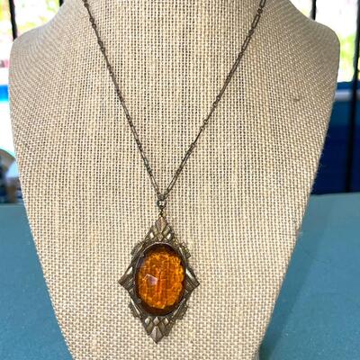 AA  ANTIQUE ART DECO CZECH GLASS AMBER PENDANT NECKLACE