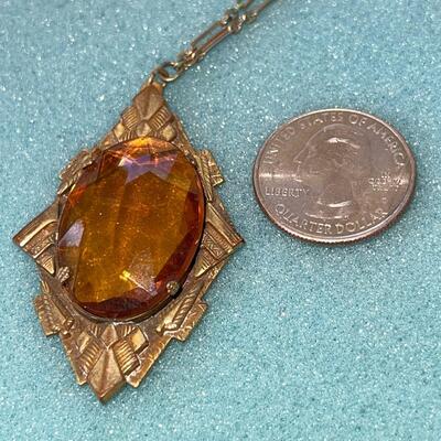 AA  ANTIQUE ART DECO CZECH GLASS AMBER PENDANT NECKLACE