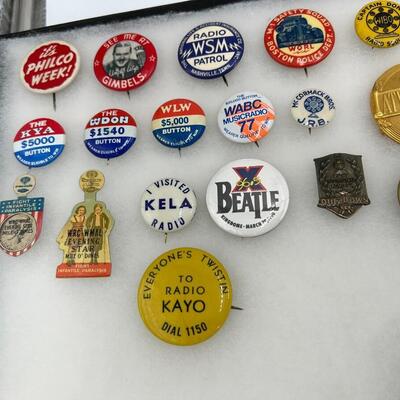 Lot of Vintage Radio Broadcasting and Entertainment Buttons and Pin-Backs