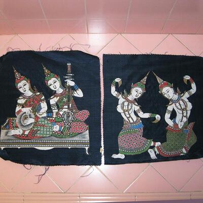 MS 2 Silk Screen Prints on Fabric From Thailand Budist Dancers Musician