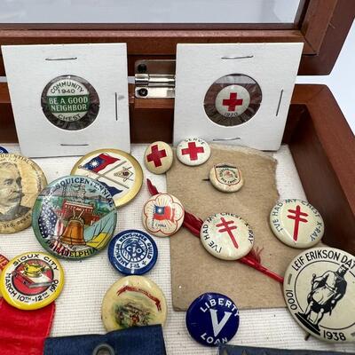 Rare Large Lot of Antique Buttons Ribbons Pins and Pin Backs from 1890s to 1940s