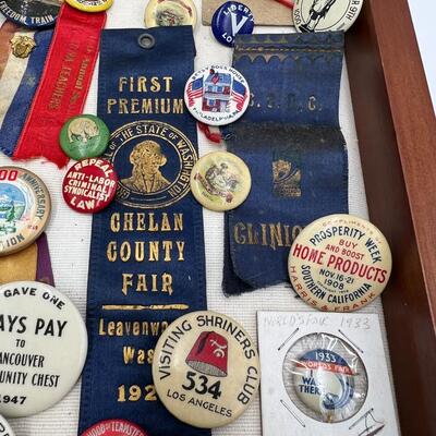 Rare Large Lot of Antique Buttons Ribbons Pins and Pin Backs from 1890s to 1940s