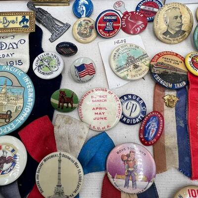 Rare Large Lot of Antique Buttons Ribbons Pins and Pin Backs from 1890s to 1940s