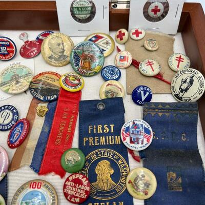 Rare Large Lot of Antique Buttons Ribbons Pins and Pin Backs from 1890s to 1940s