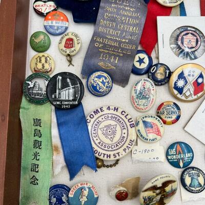 Rare Large Lot of Antique Buttons Ribbons Pins and Pin Backs from 1890s to 1940s