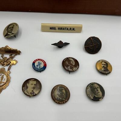 Rare Large Lot of Antique Buttons Ribbons Pins and Pin Backs from 1890s to 1940s