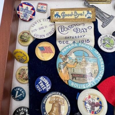 Rare Large Lot of Antique Buttons Ribbons Pins and Pin Backs from 1890s to 1940s