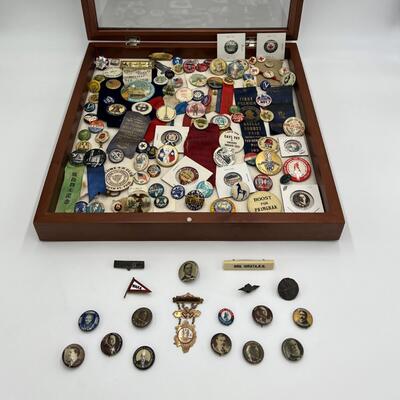 Rare Large Lot of Antique Buttons Ribbons Pins and Pin Backs from 1890s to 1940s