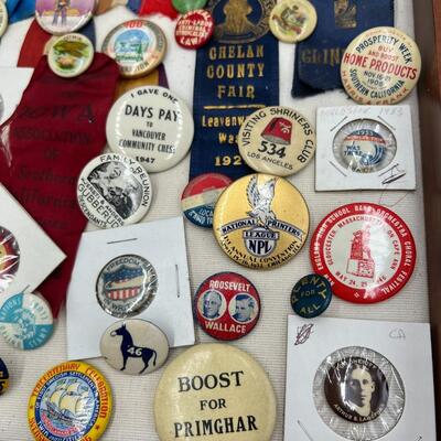 Rare Large Lot of Antique Buttons Ribbons Pins and Pin Backs from 1890s to 1940s